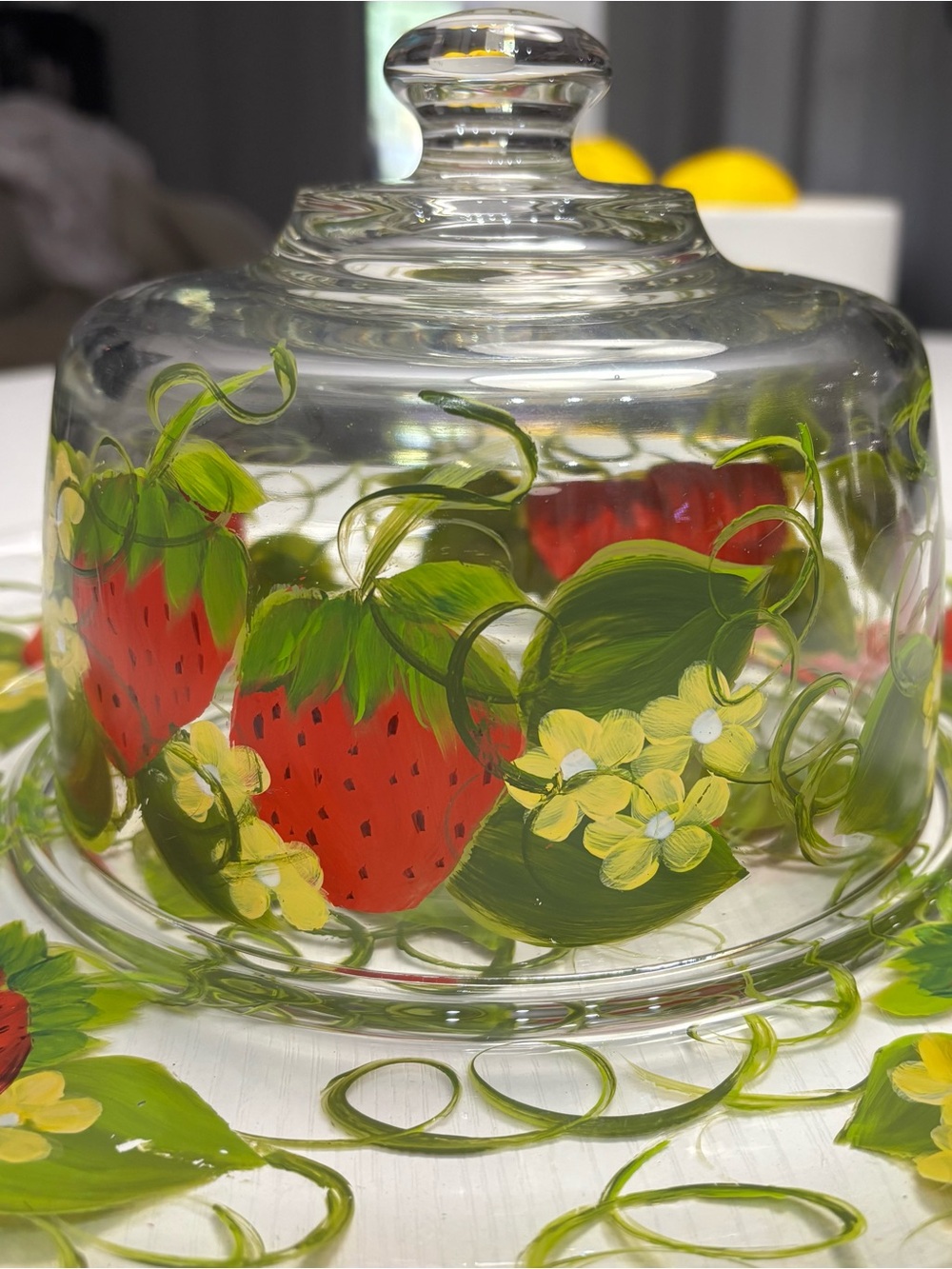Vintage L. Elliott Signed Hand Painted Glass Cheese Dome Cloche Platter - Picture 2 of 10